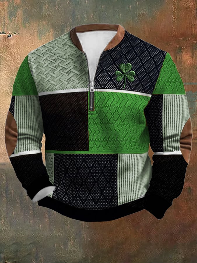 Men's St. Patrick's Day Textured Print Zip Collar Sweatshirt