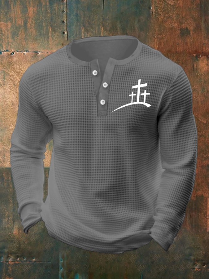 Men's Faith Cross Print Henley Collar Shirt