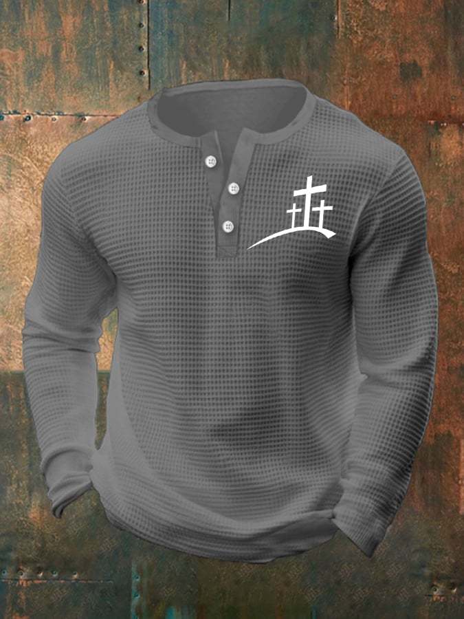 Men's Faith Cross Print Henley Collar Shirt