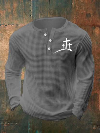 Men's Faith Cross Print Henley Collar Shirt