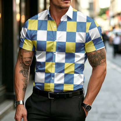 Men's Colorful Plaid Casual Dark Blue Geometric Print Short-Sleeved Shirt
