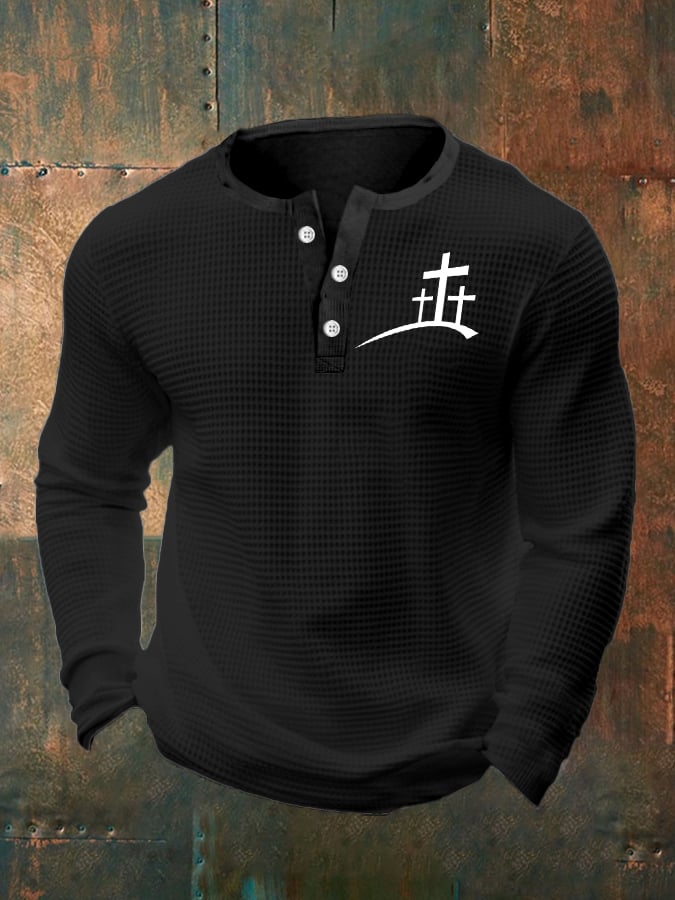 Men's Faith Cross Print Henley Collar Shirt