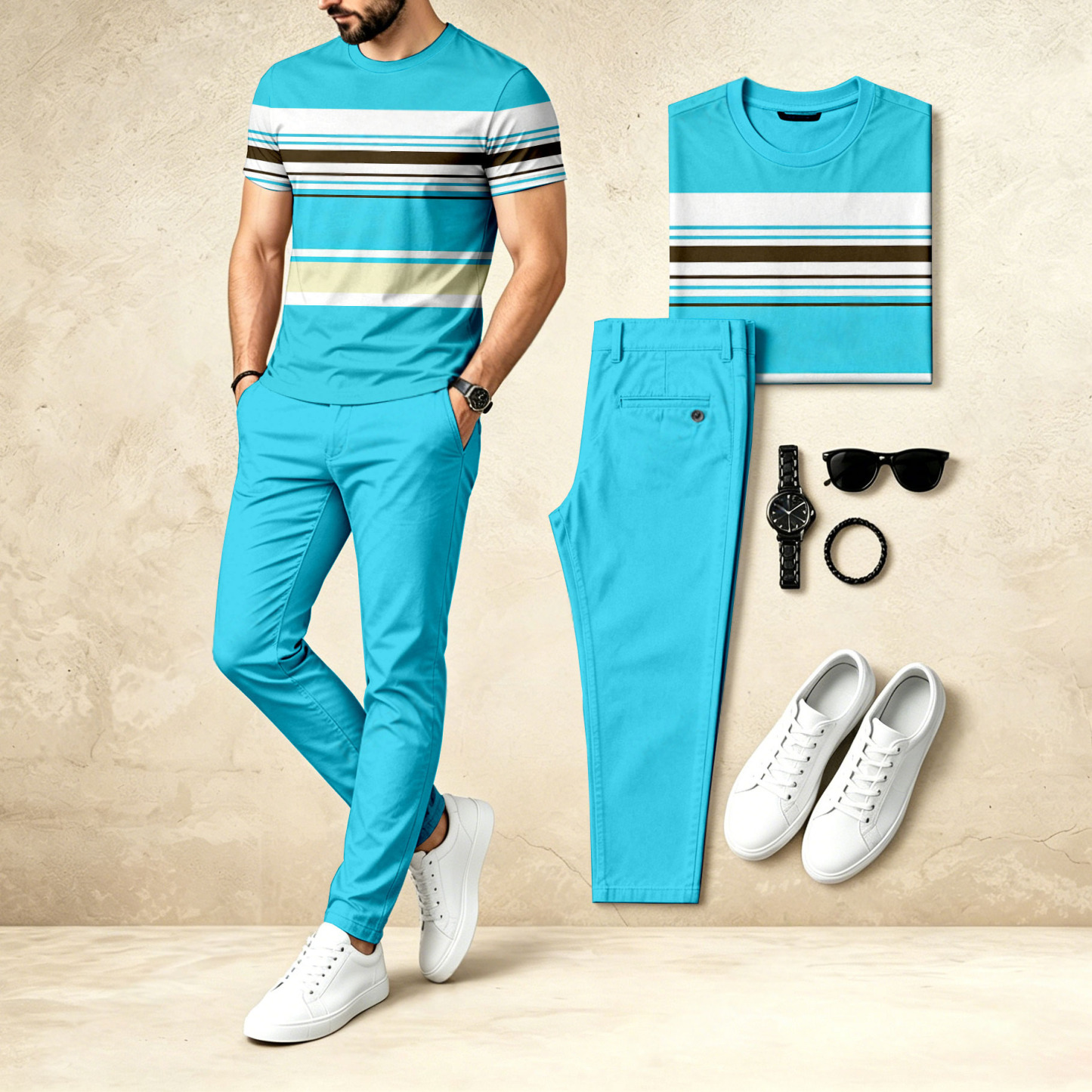 Men's Casual Two-Piece Set: Royal Blue Printed Crew Neck Short-Sleeve Top & Long Pants
