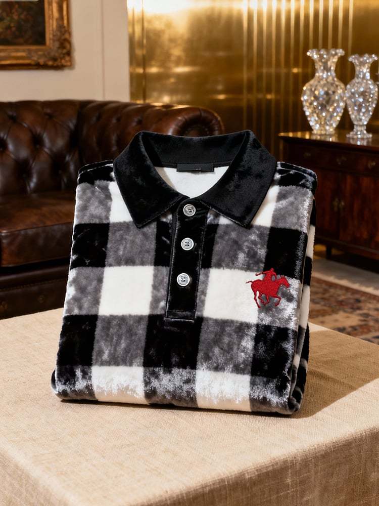 Men's Velvet Business Logo Print Long Sleeve Polo Shirt