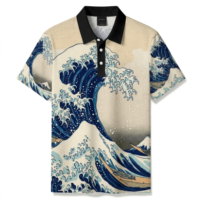 Men's Summer Fashion Apricot Waves Printed Polo Short-Sleeve