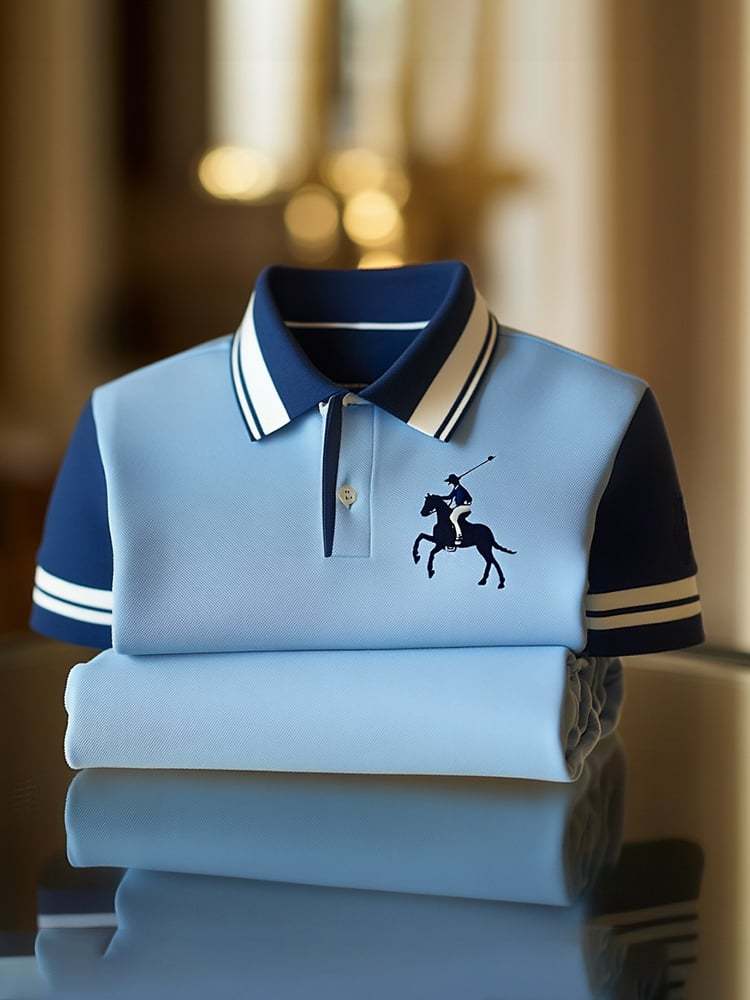 Men's Classic Business Check Logo Button Short Sleeve Polo Shirt