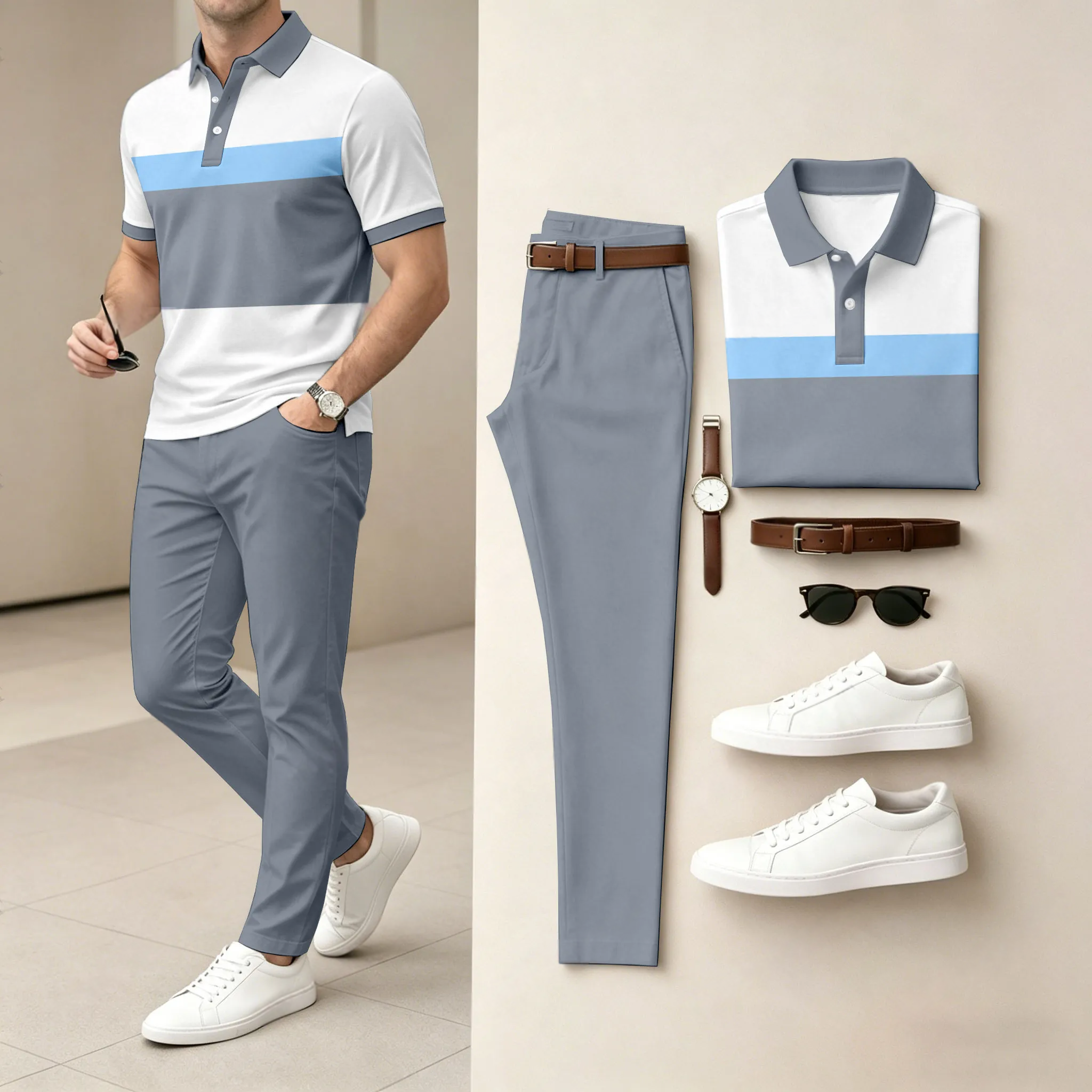 Men's Casual Gray & White Geometry Printed Polo Shirt And Pants Two-Piece Set