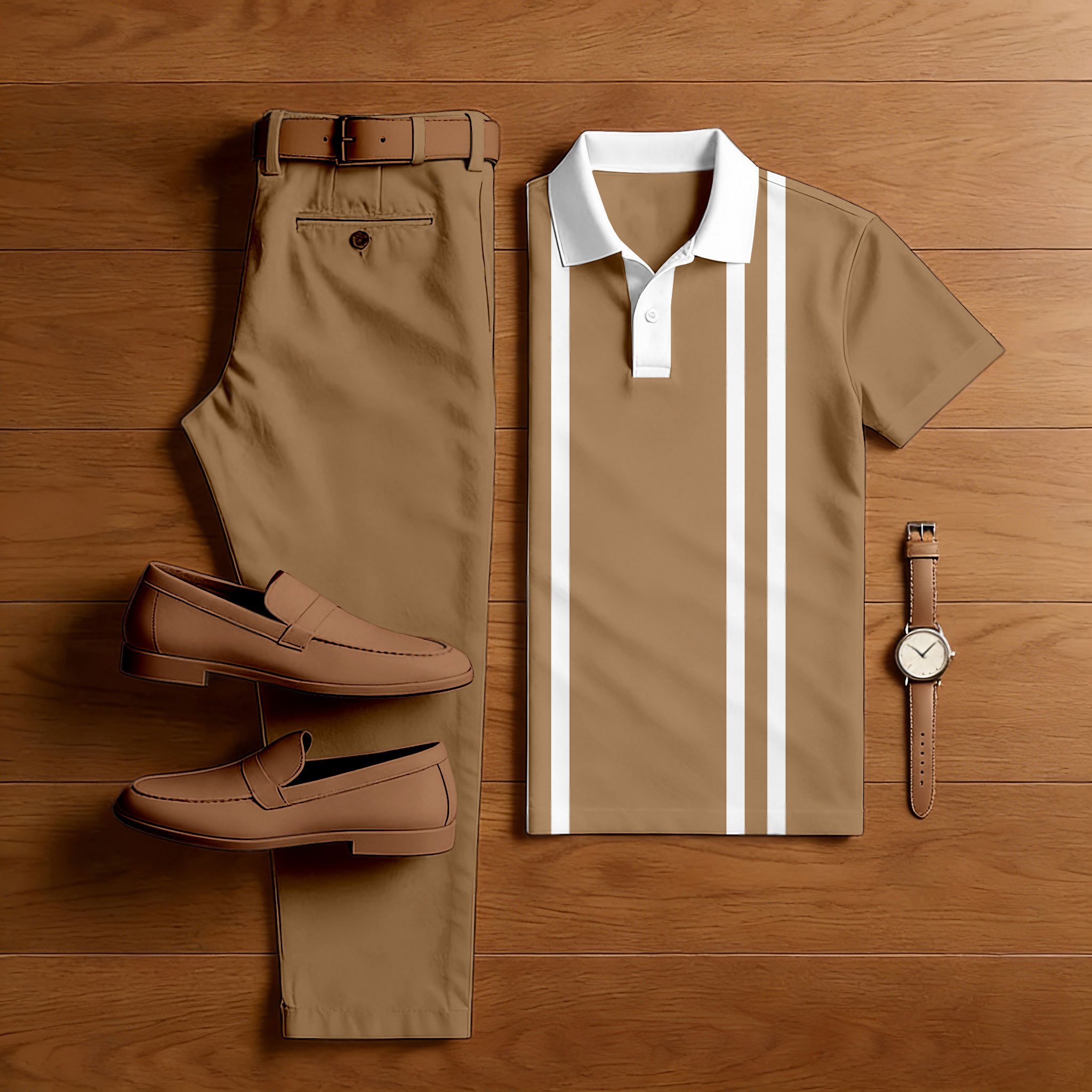 Men's Casual Brown & White Color Matching Striped Printed Short Sleeved Polo Shirt & Trousers Two-Piece Set