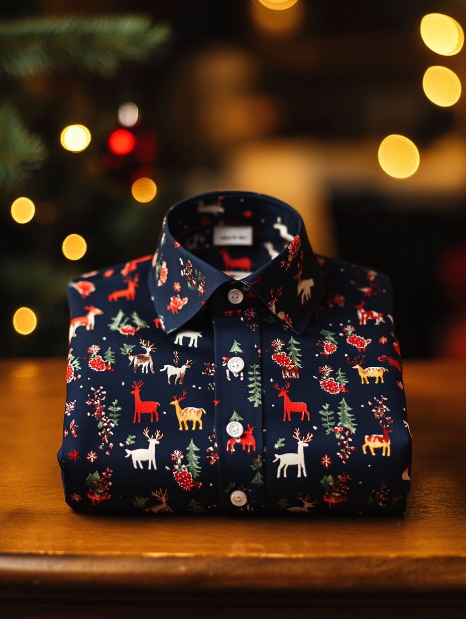 Men's Business Christmas Gift Elk Print Long Sleeve Shirt