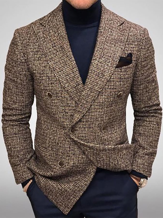 Men's Vintage Double-Breasted Plaid Gentleman's Business Suit Jacket