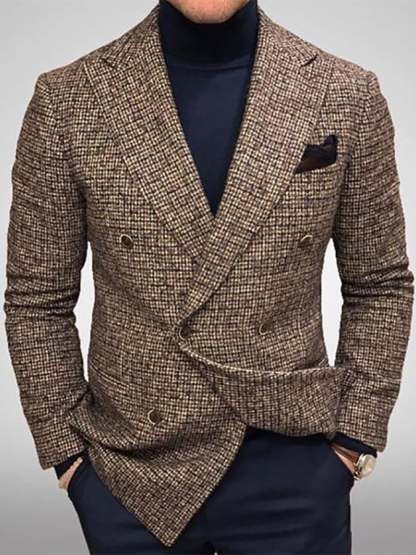Men's Vintage Double-Breasted Plaid Gentleman's Business Suit Jacket