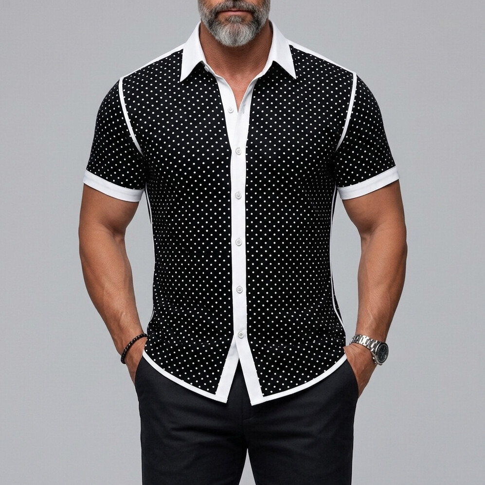 Men's Vintage Polka Dot Print Button-Up Slim Short Sleeve Shirt