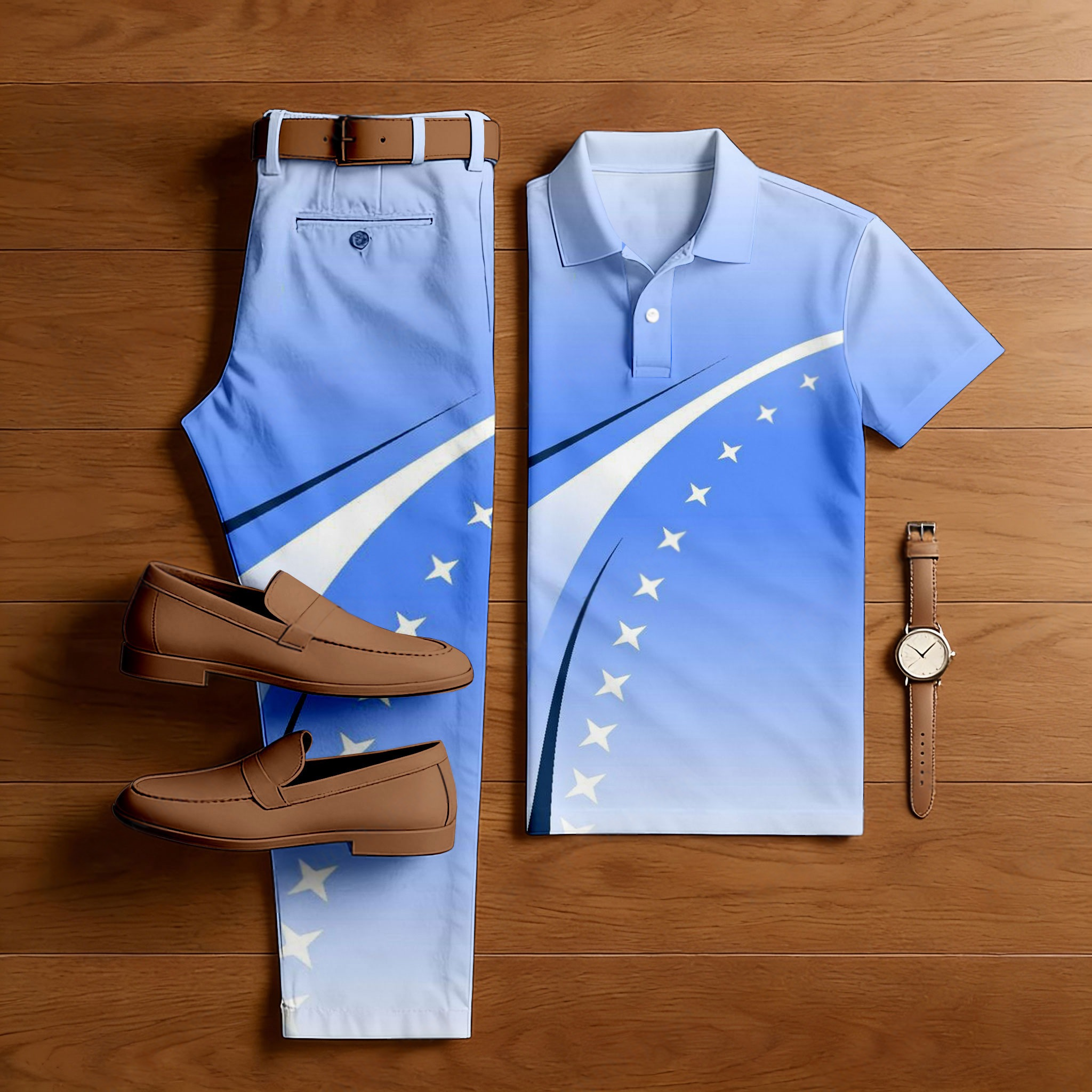 Men's Casual Blue & White Color Matching Gradient Printed Short Sleeved Polo Shirt & Trousers Two-Piece Set