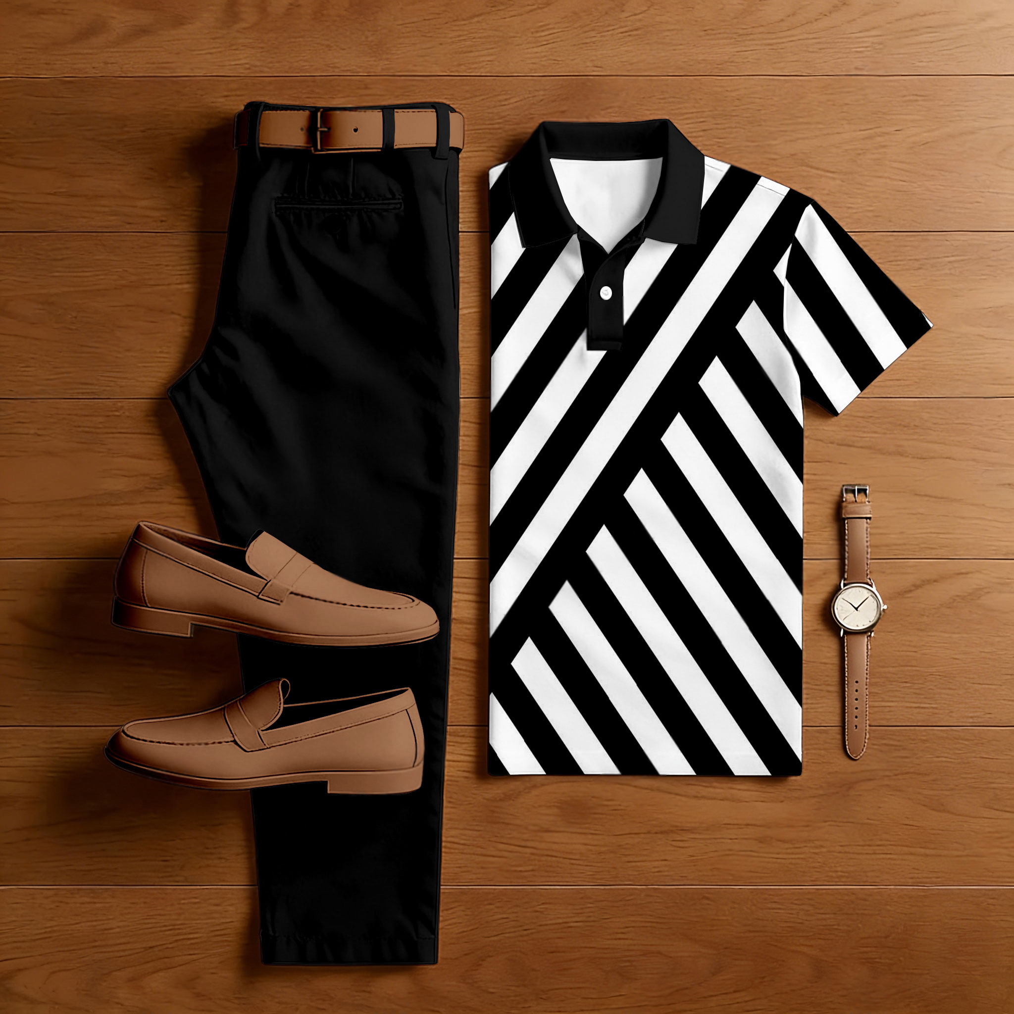 Men's Casual White & Black Color Matching Striped Printed Short Sleeved Polo Shirt & Trousers Two-Piece Set
