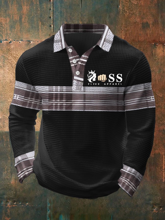 Men's Retro Letter Design Waffle Fabric Long Sleeve Polo Shirt
