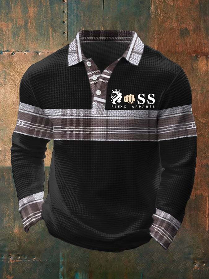 Men's Retro Letter Design Waffle Fabric Long Sleeve Polo Shirt