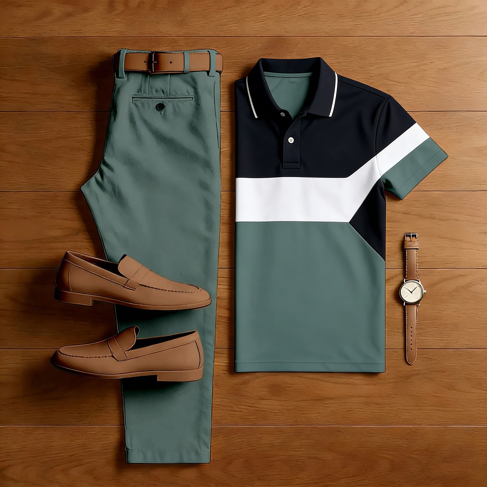 Men's Casual Green And White Printed Polo Shirt And Trousers Two-Piece Set