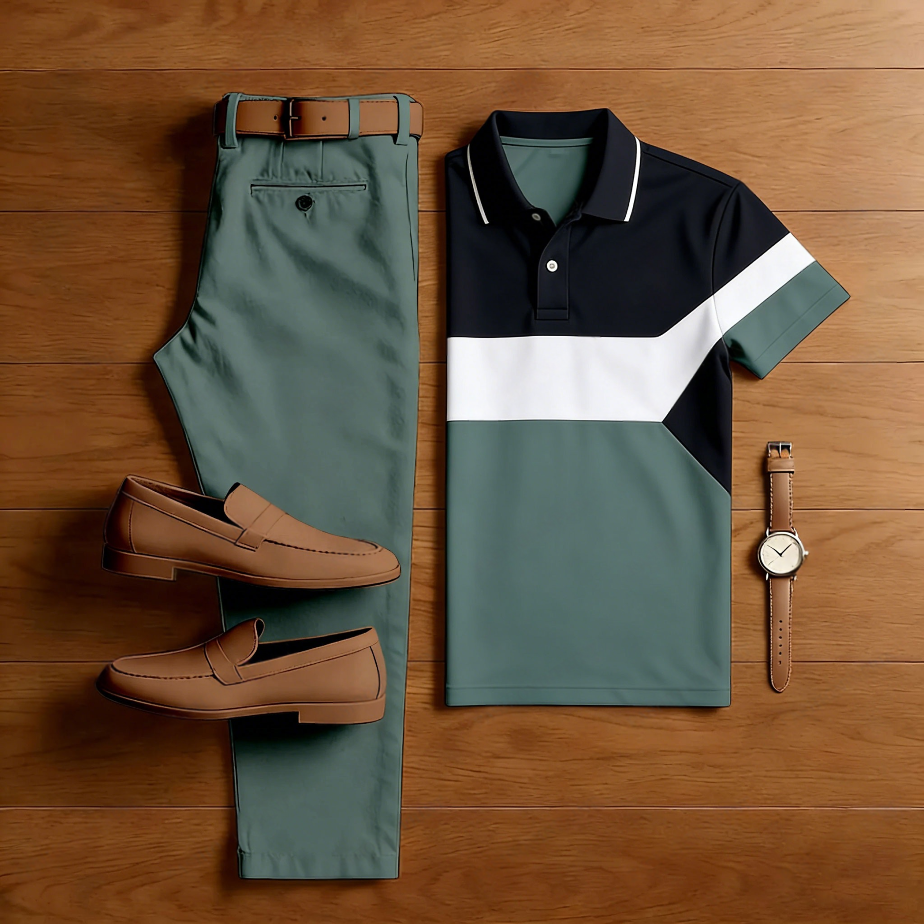Men's Casual Green And White Printed Polo Shirt And Trousers Two-Piece Set