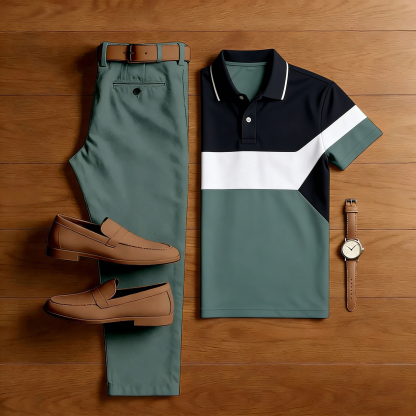 Men's Casual Green And White Printed Polo Shirt And Trousers Two-Piece Set