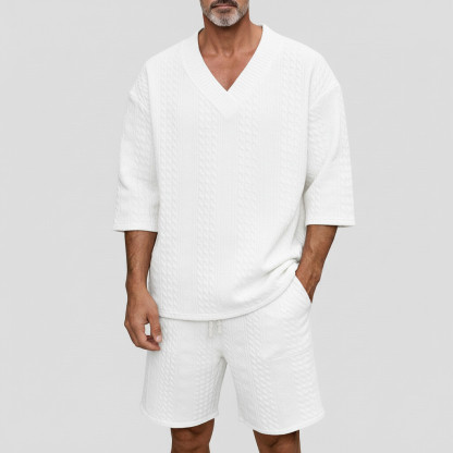 Men's Geometric Texture V Neck Drop Shoulder Half Sleeve Loose T-Shirt & Drawstring Shorts 2Pcs Set