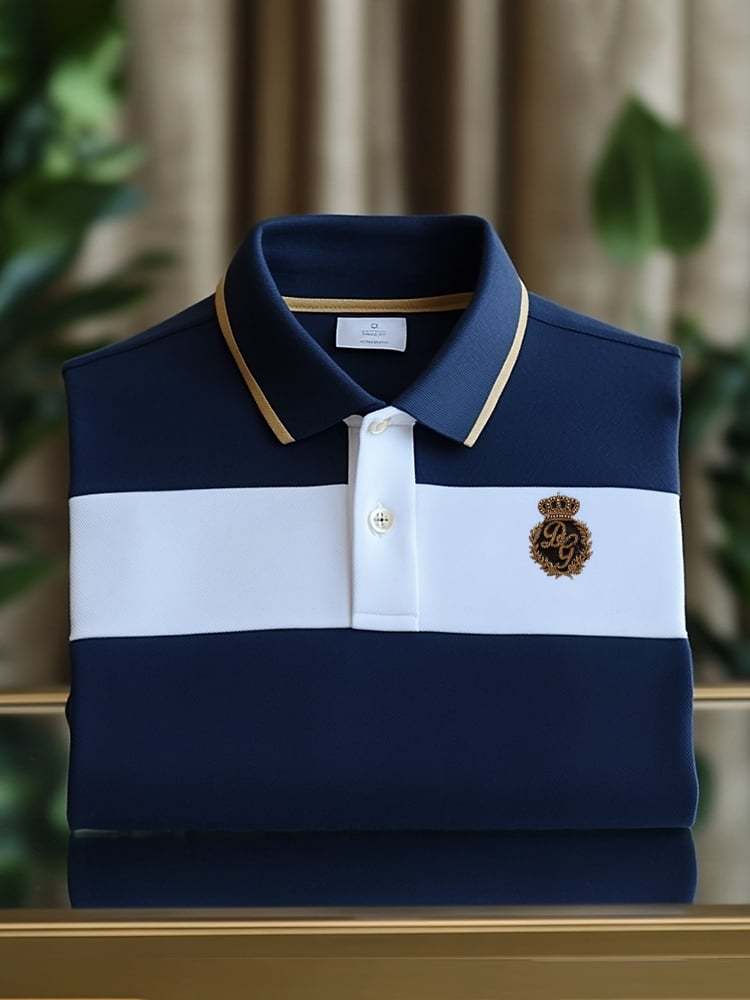 Men's Classic Business Check Logo Button Short Sleeve Polo Shirt