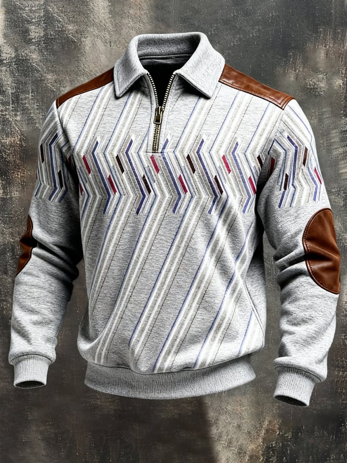 Men's Retro Color Block Print Color-Blocked Zip-Up Sweatshirt
