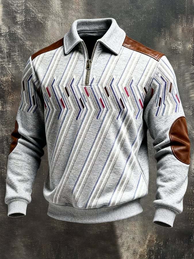 Men's Retro Color Block Print Color-Blocked Zip-Up Sweatshirt