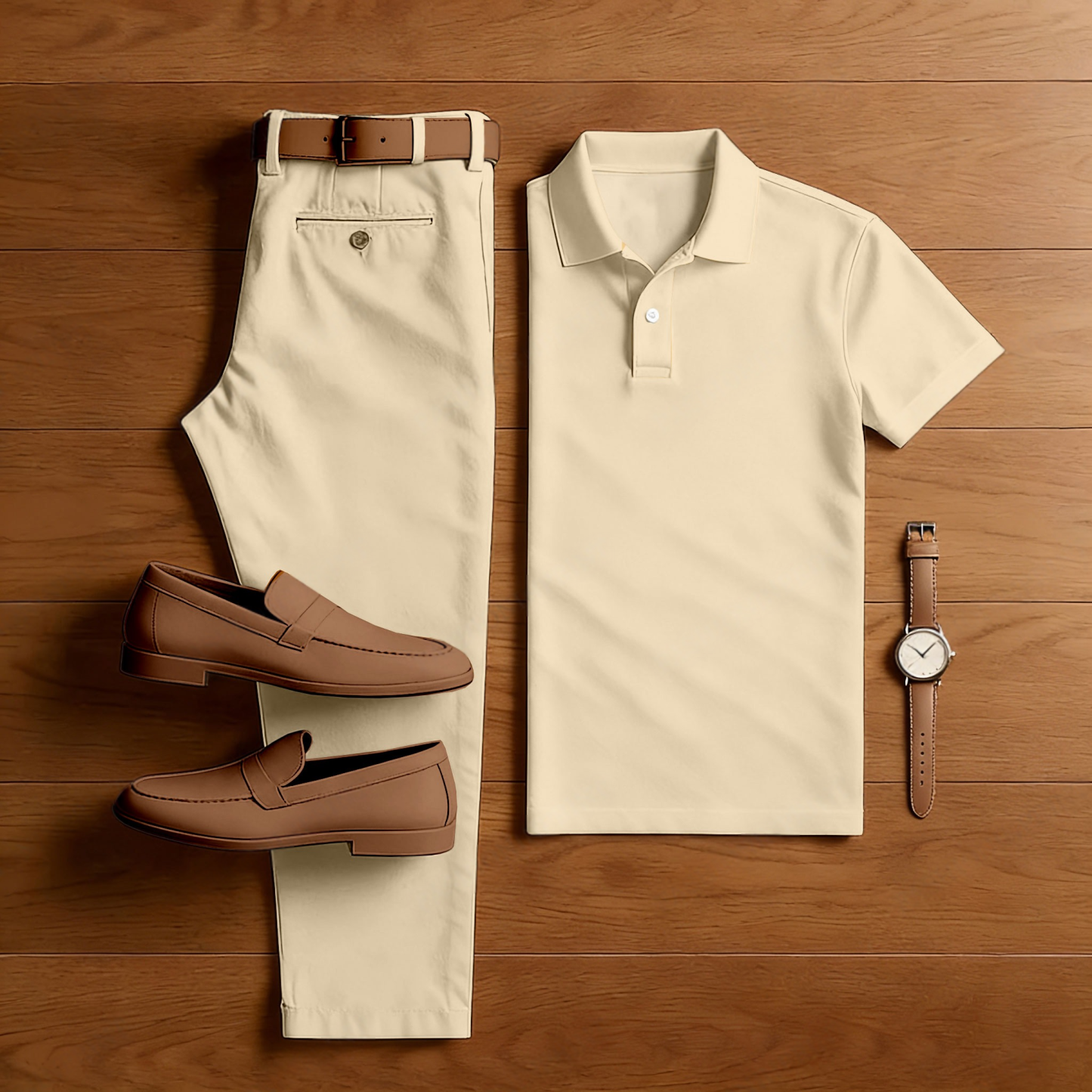 Men's Casual Apricot Short Sleeved Polo Shirt & Trousers Two-Piece Set
