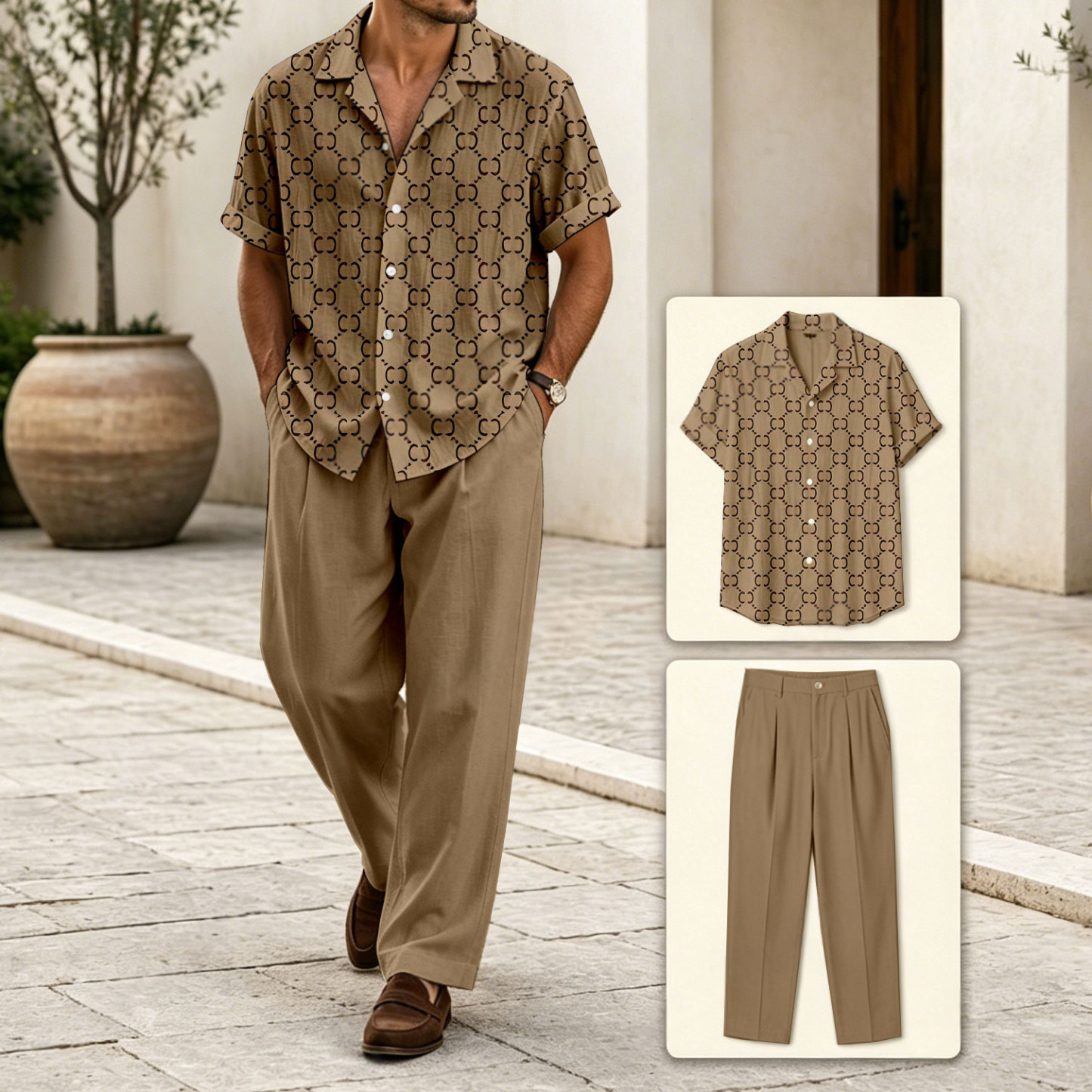 Men's Khaki Plaid Casual Color-Blocked Geometric Print Short-Sleeved Shirt And Trousers Two-Piece Set