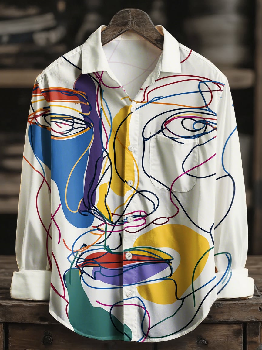 Men's Hawaiian Abstract Face Art Casual Geometric Art Long Sleeve Shirt