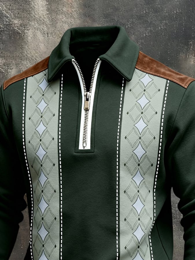 Men's Retro Color Block Print Color-Blocked Zip-Up Sweatshirt