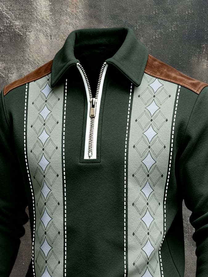 Men's Retro Color Block Print Color-Blocked Zip-Up Sweatshirt