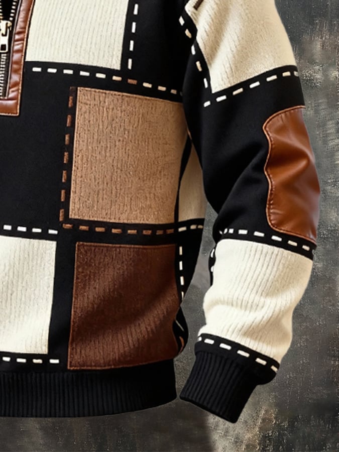 Men'S Casual Retro Contrast Color Half Zip Stand Collar Long Sleeve Sweatshirt