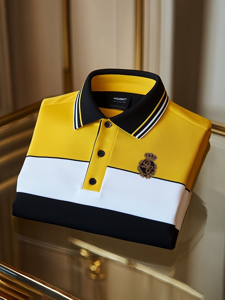 Men's Classic Business Check Logo Button Short Sleeve Polo Shirt