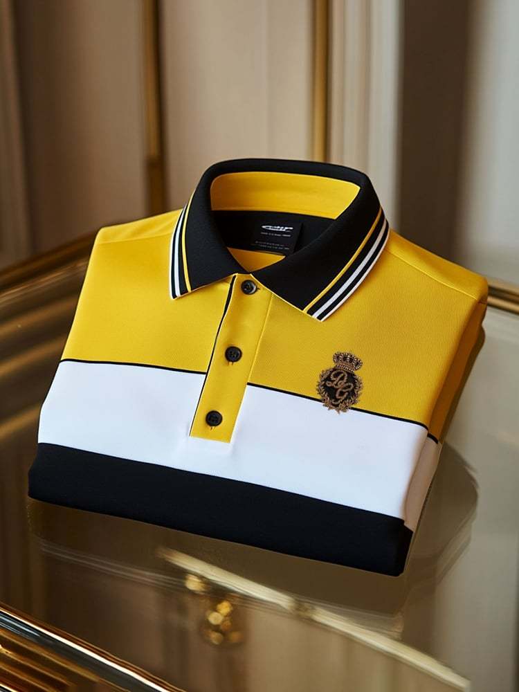 Men's Classic Business Check Logo Button Short Sleeve Polo Shirt