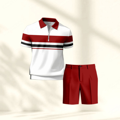Men's Casual Black & Red Geometry Printed Polo Shirt And Pants Two-Piece Set