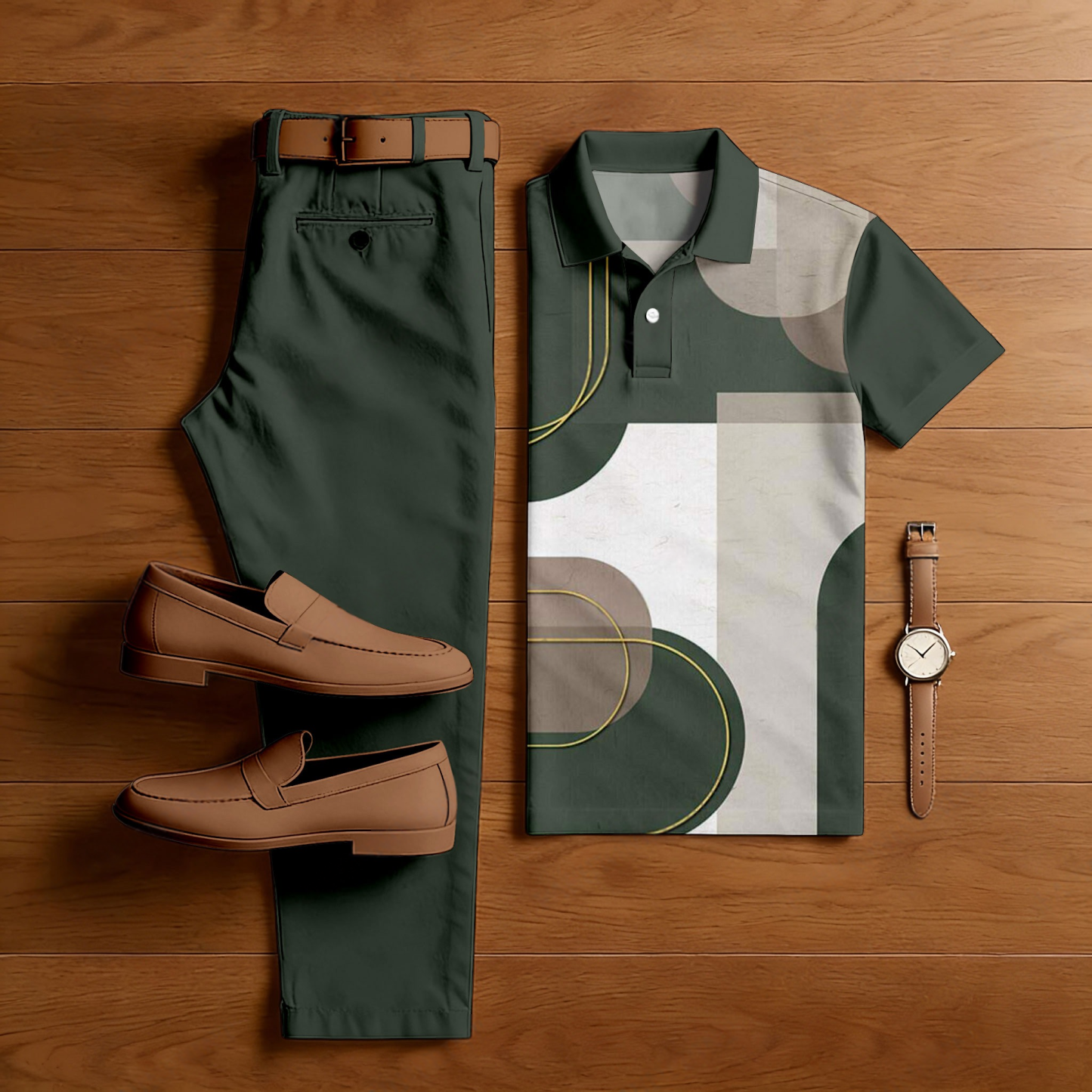 Men's Casual Green & Khaki Color Matching Geometric Printed Short Sleeved Polo Shirt & Trousers Two-Piece Set