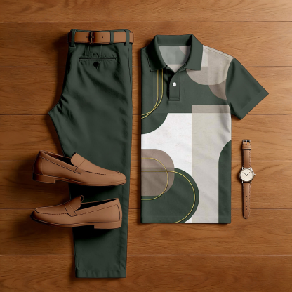 Men's Casual Green & Khaki Color Matching Geometric Printed Short Sleeved Polo Shirt & Trousers Two-Piece Set
