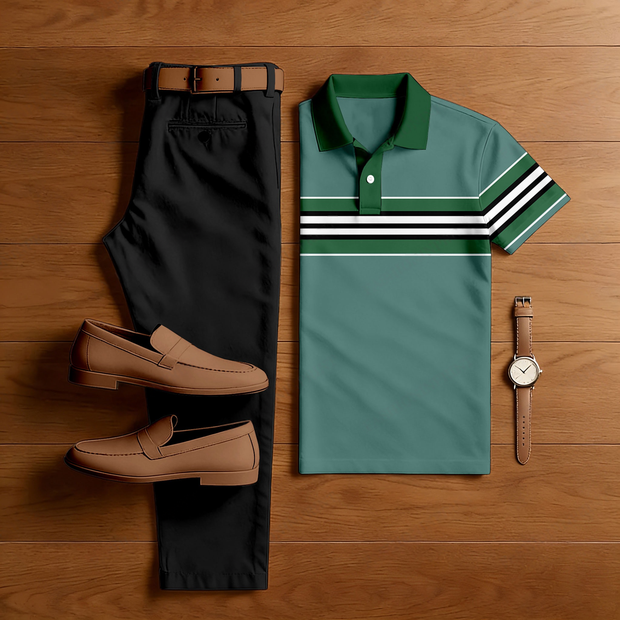 Men's Casual Green Color Stripe Short Sleeved Polo Shirt & Trousers Two-Piece Set