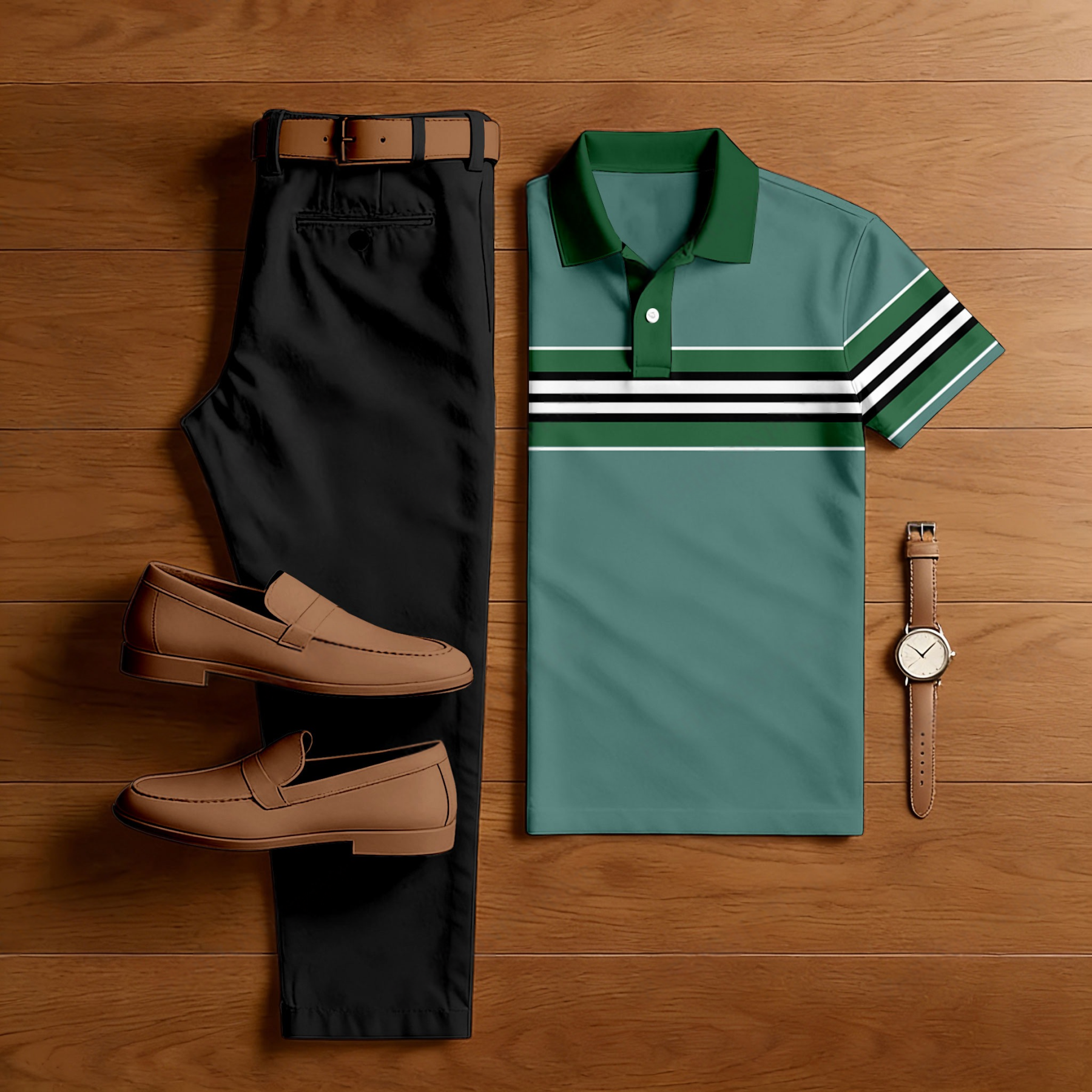 Men's Casual Green Color Stripe Short Sleeved Polo Shirt & Trousers Two-Piece Set