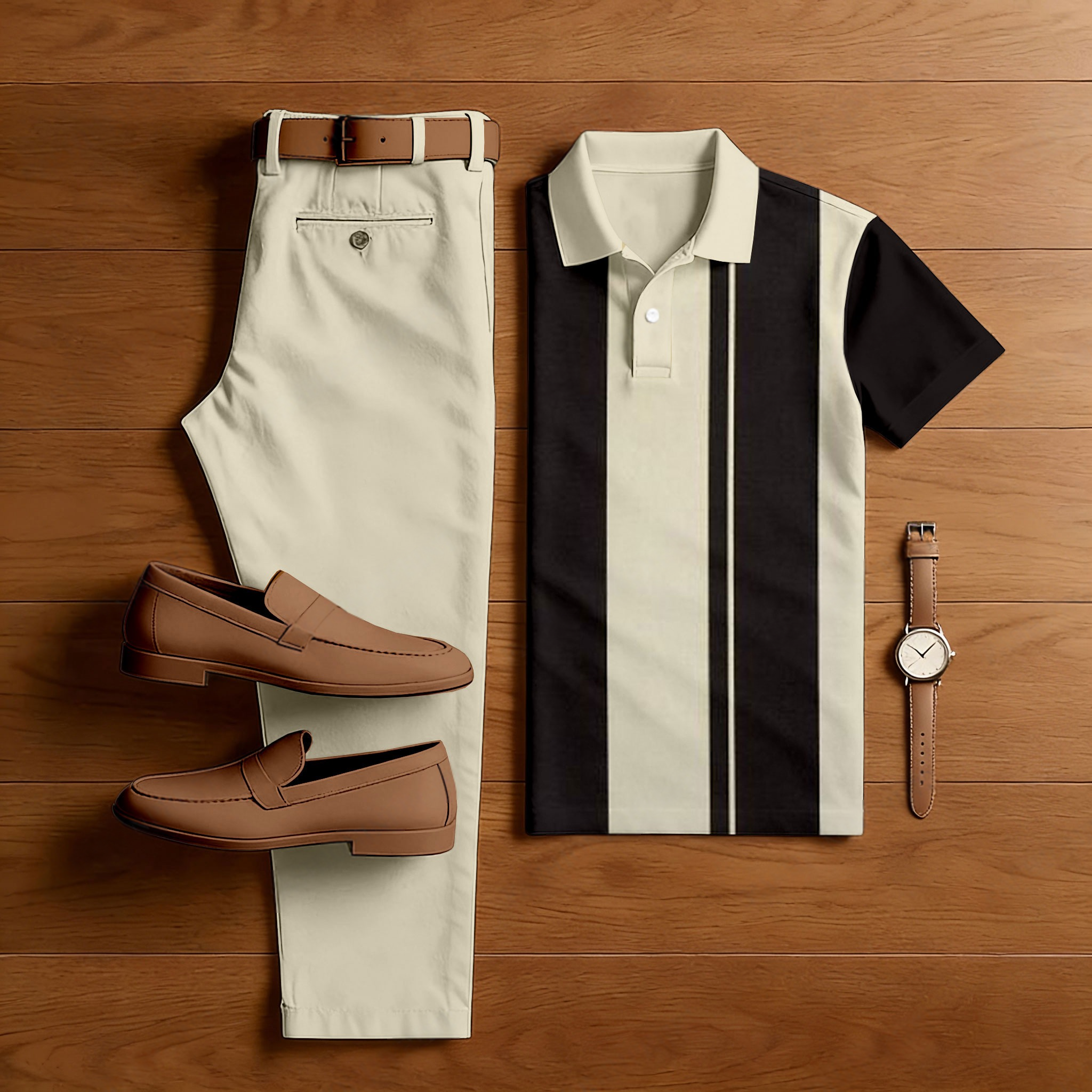Men's Casual Apricot & Dark Coffee Color Matching Striped Printed Short Sleeved Polo Shirt & Trousers Two-Piece Set