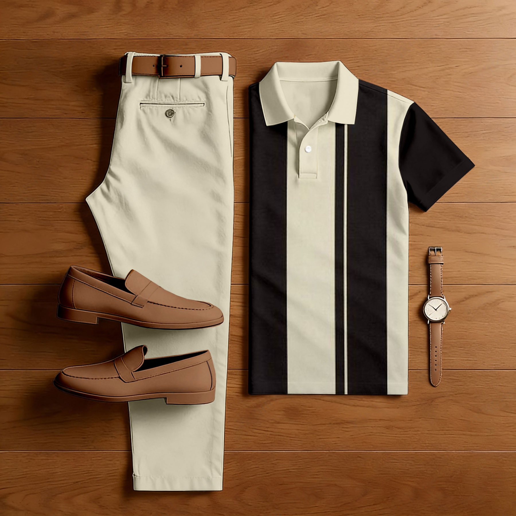 Men's Casual Apricot & Dark Coffee Color Matching Striped Printed Short Sleeved Polo Shirt & Trousers Two-Piece Set