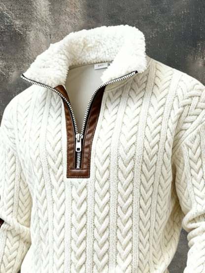 Men's Retro Textured Printed Sweatshirt with Fur Collar