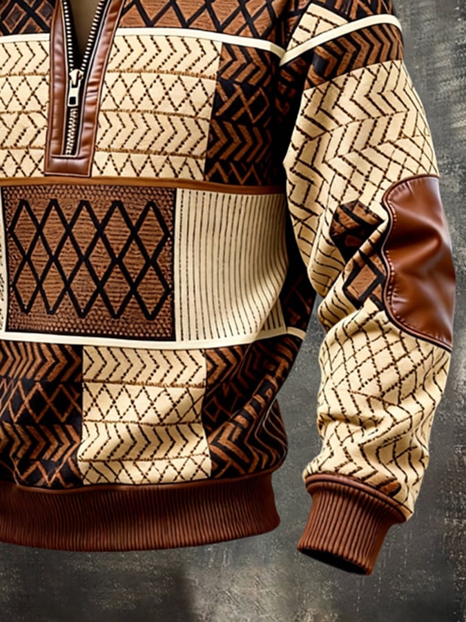 Men's Retro Color Block Print Color-Blocked Zip-Up Sweatshirt