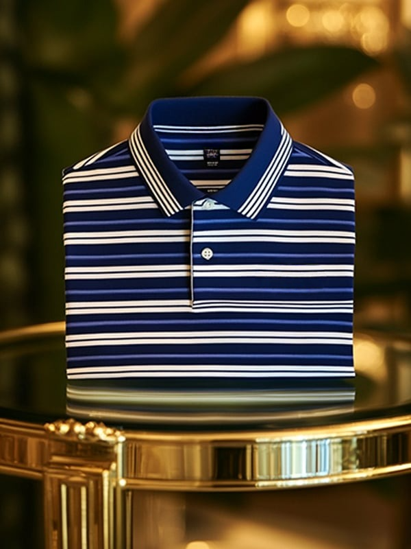 Men's Retro Business Stripe Print Long Sleeve Polo Shirt