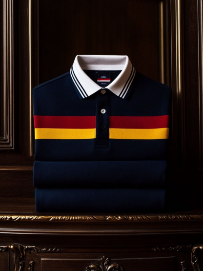 Men's Vintage Business Coconut Tree Logo Stripe Print Long Sleeve Polo Shirt