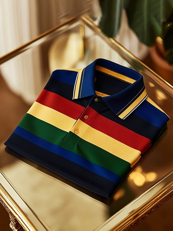 Men's Vintage Business Logo Stripe Print Long Sleeve Polo Shirt