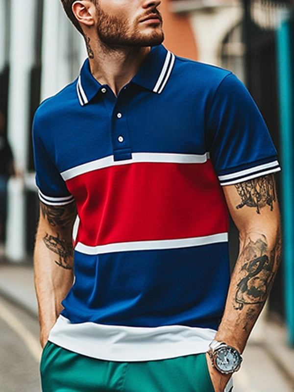 Men's Business Logo Stripe Short Sleeve Button Collar Polo Shirt