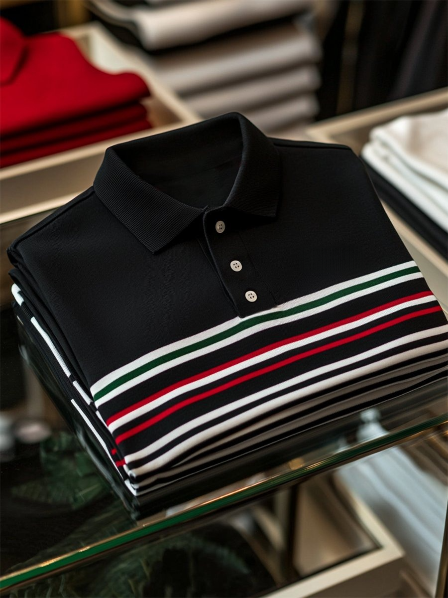 Men's Business Casual Striped Button Short Sleeve Polo Shirt