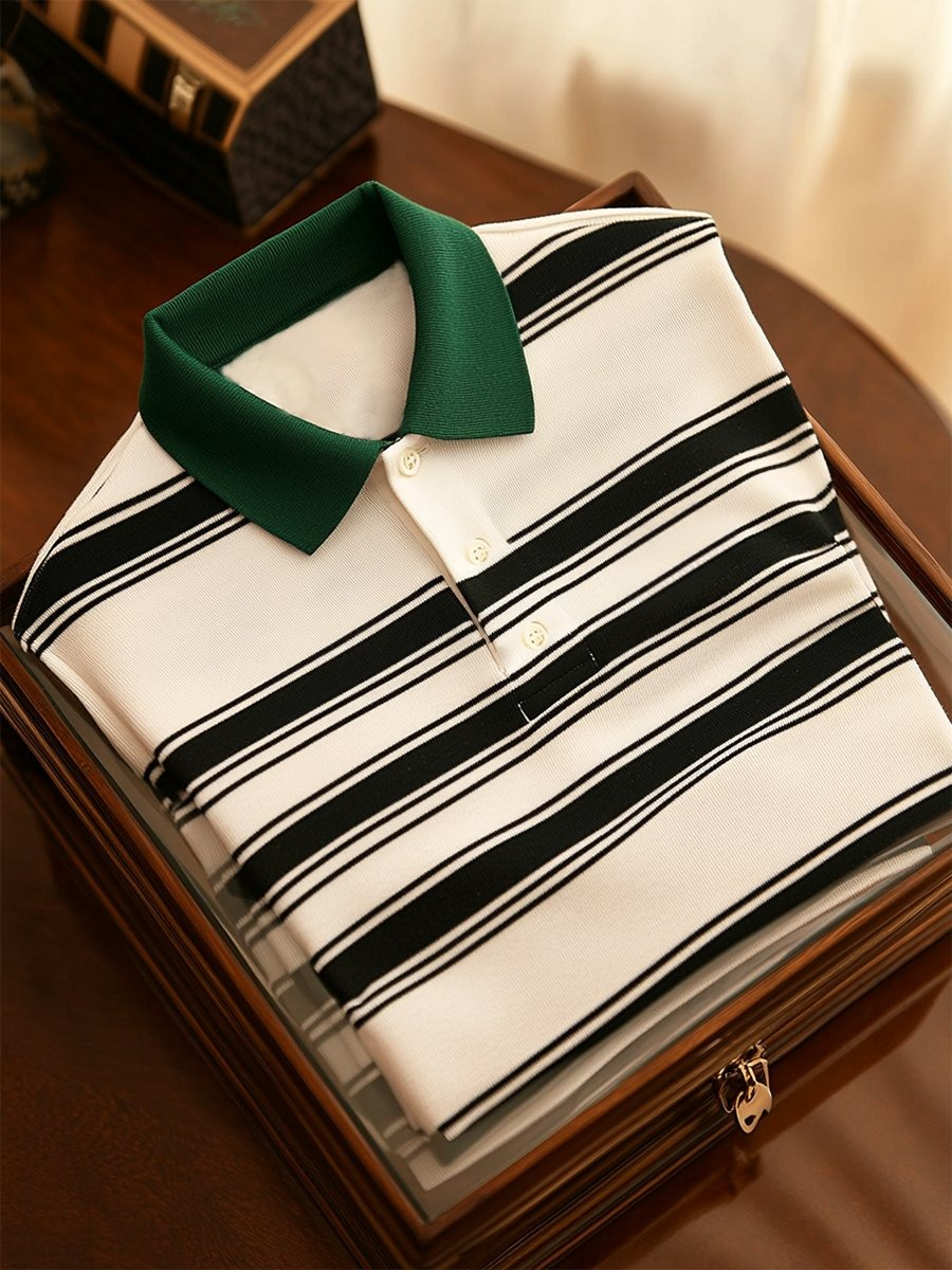 Men's Business Casual Striped Button Short Sleeve Polo Shirt